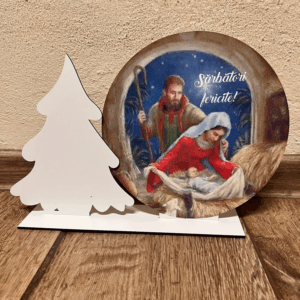 Decor de Crăciun cu scena Nașterii Domnului și brăduț – mesaj „Sărbători fericite”