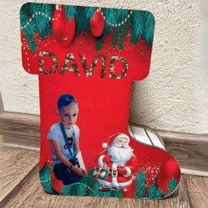 Cizmuliță decorativă personalizată cu poză și nume – Cadou unic de Crăciun