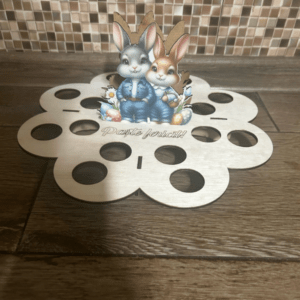 Suport Ouă de Paște din Lemn cu Iepurași – Decor de Masă „Paște Fericit!”