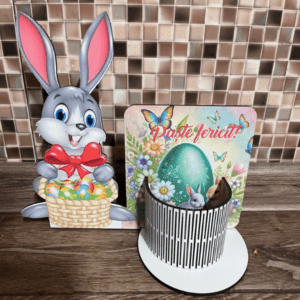 Suport Ou de Paște din Lemn cu Iepuraș și Mesaj „Paște Fericit!”